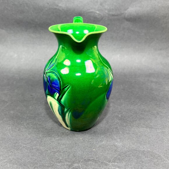 Antique Awaji Pottery Blue White Iris Green Pitcher Awaji Ware Glazed Japan - Picture 3 of 16